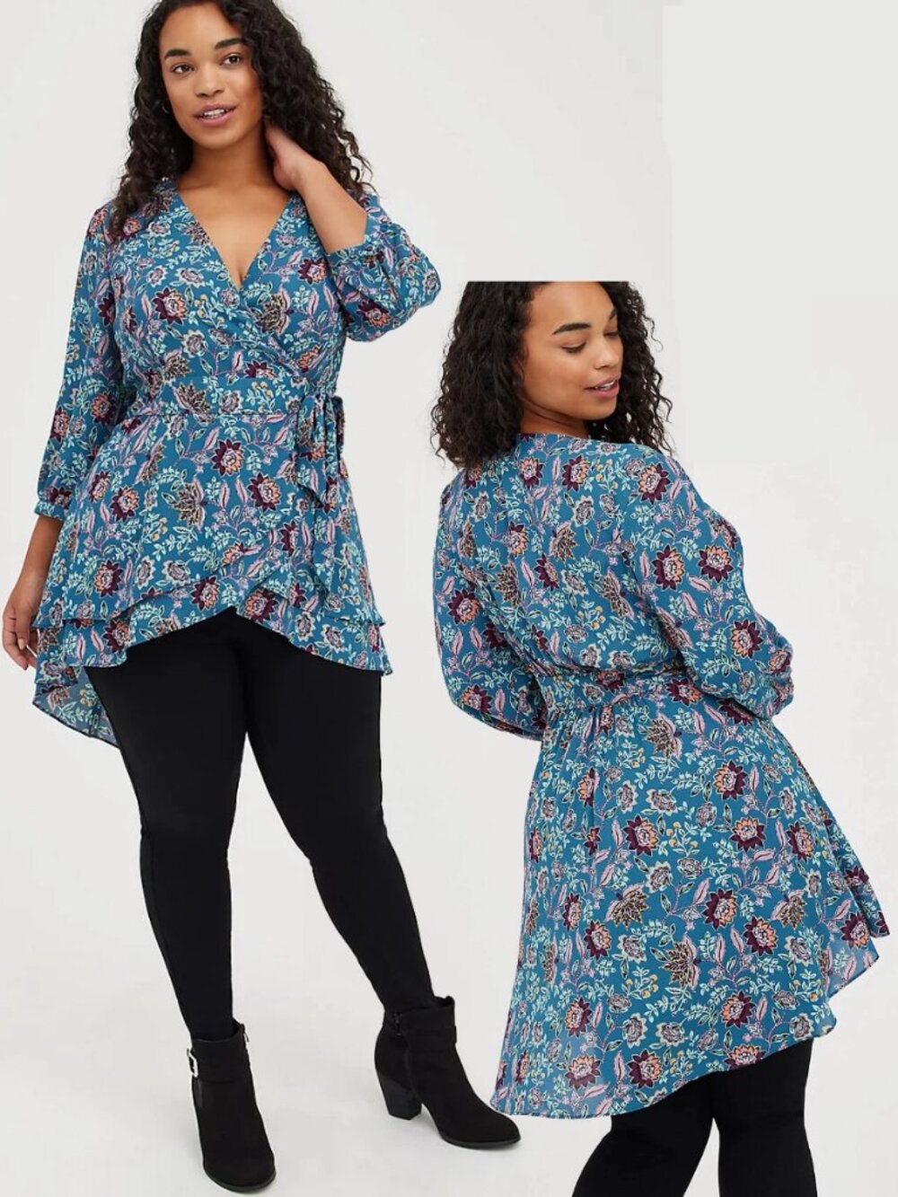 Torrid 1 Blue Floral Georgette Wrap Tunic Blouse 1X 14 16